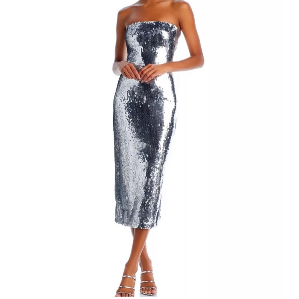 Rhode-Lisa silver sequin strapless midi dress. NWT Never worn with tags size 6
